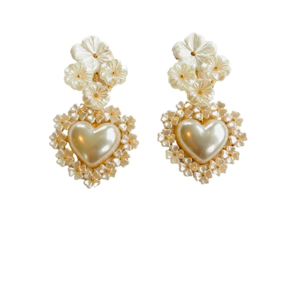 Pink Reef Floral Cluster Heart Drop Earrings – 2” Acrylic Pearl Statement